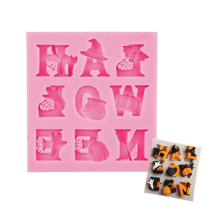 Pink Halloween letters silicone fondant mold for creating spooky cake, cupcake, cookie and chocolate decorations.
