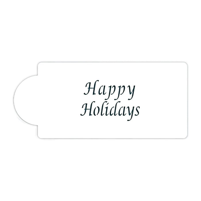 Happy Holidays mini food-safe stencil for decorating Christmas cakes, cookies, cupcakes and macarons with festive script lettering.