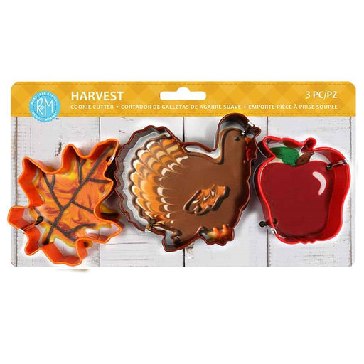 3-piece Thanksgiving cookie cutter set with turkey, maple leaf and apple shapes