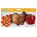 3-piece Thanksgiving cookie cutter set with turkey, maple leaf and apple shapes