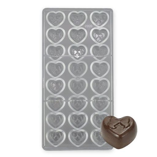 24-cavity bride and groom heart polycarbonate chocolate mold for making wedding chocolates, bridal shower treats, and heart-shaped favors.