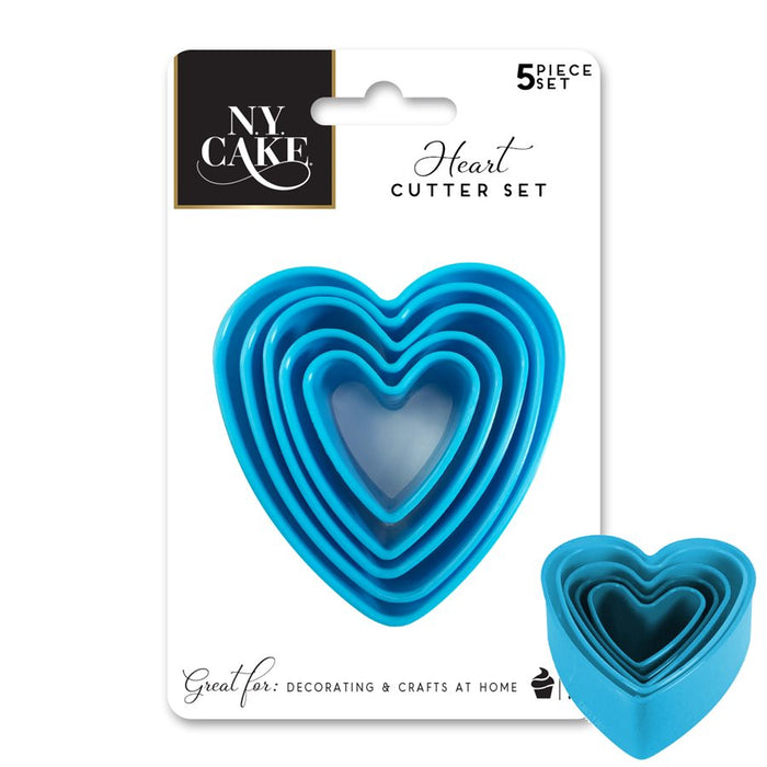 NY Cake 5-piece heart shape plastic cookie cutter set in nesting sizes for cookies, fondant and cake decorating