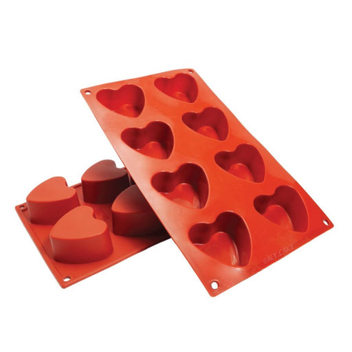 NY Cake heart silicone baking mold with eight 3 oz heart-shaped cavities for mousse cakes, chocolates, and desserts