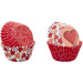Hearts mini baking cups 100 count with red and heart themed designs for Valentine's Day cupcakes, chocolates, candies, truffles, and dessert displays.