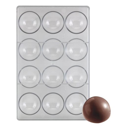 12-cavity 1 7/8-inch hemisphere polycarbonate chocolate mold for making chocolate spheres, domes, shells, and hot chocolate bombs.