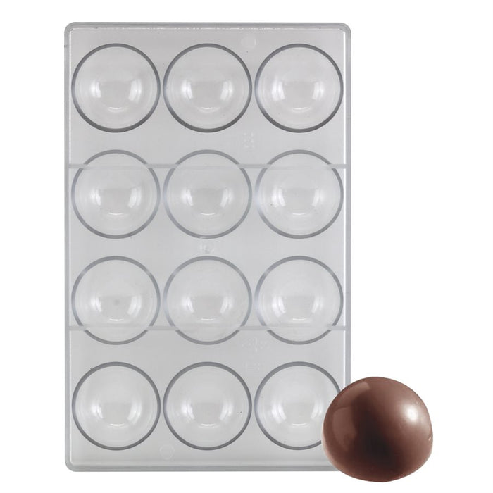 12-cavity 1 7/8-inch hemisphere polycarbonate chocolate mold for making chocolate spheres, domes, shells, and hot chocolate bombs.