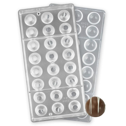 24-cavity 1-inch hemisphere 2-piece polycarbonate chocolate mold for making round chocolates, truffles, filled candies, and chocolate spheres.