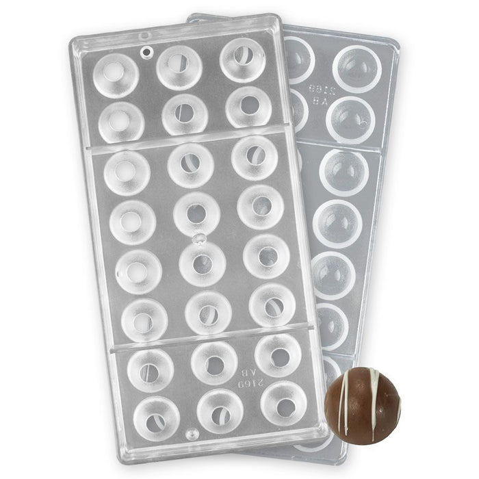 24-cavity 1-inch hemisphere 2-piece polycarbonate chocolate mold for making round chocolates, truffles, filled candies, and chocolate spheres.