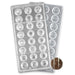 24-cavity 1-inch hemisphere 2-piece polycarbonate chocolate mold for making round chocolates, truffles, filled candies, and chocolate spheres.