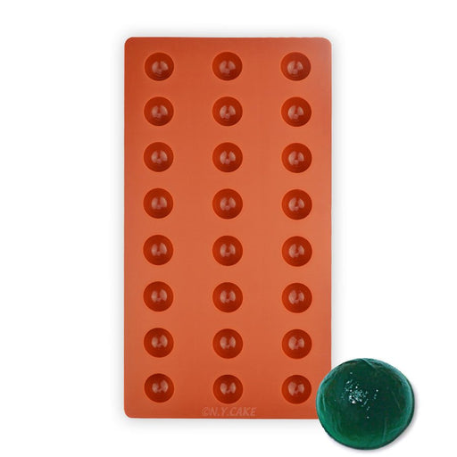 Hemisphere Jellyflex silicone mold with 24 round cavities for making gummies, jellies, chocolates and dome-shaped confections.