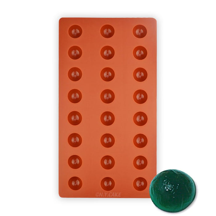 Hemisphere Jellyflex silicone mold with 24 round cavities for making gummies, jellies, chocolates and dome-shaped confections.