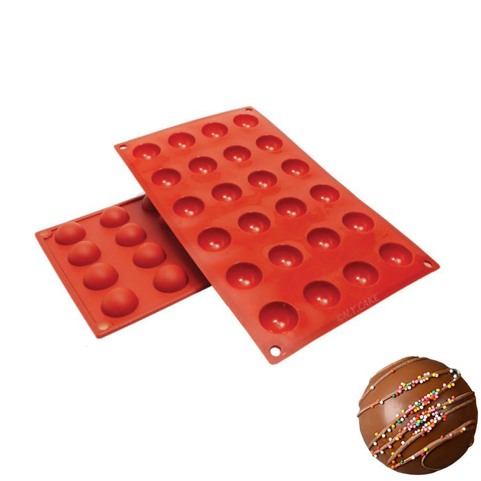 Red 24-cavity hemisphere silicone baking mold by NY Cake® for 0.3 oz chocolates, truffles, cake bites, mousse, candy, and mini desserts