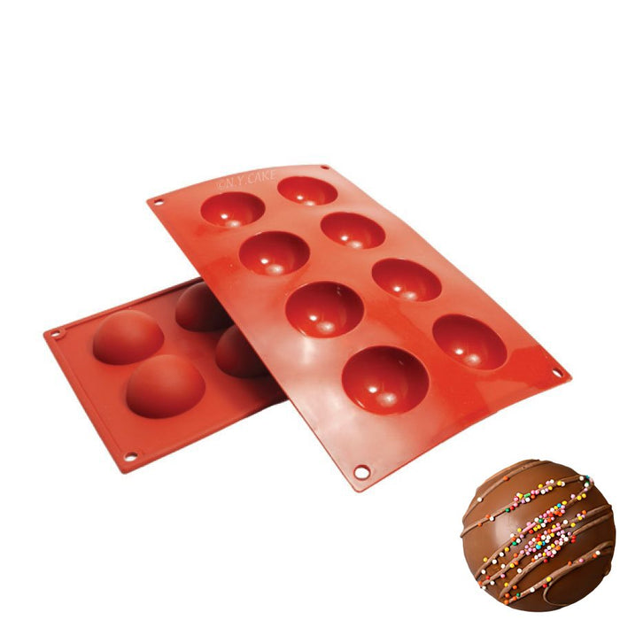NY Cake® red hemisphere silicone baking mold with 8 cavities and 1 oz capacity for chocolate, mousse, mini cakes and cocoa bombs