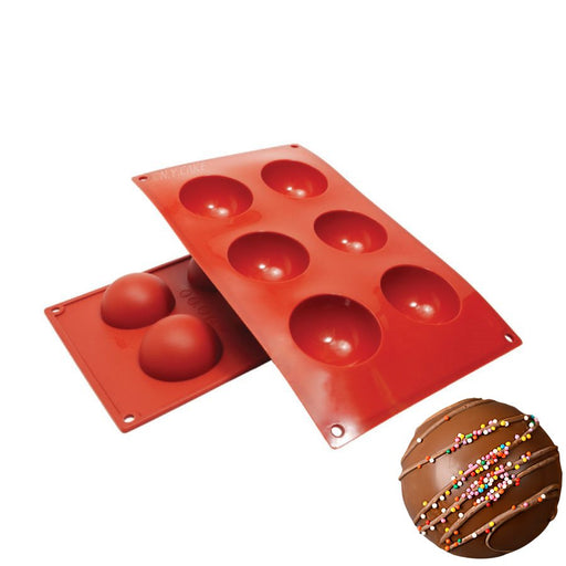 Red 6-cavity hemisphere silicone baking mold by NY Cake® for 2.5 oz cocoa bombs, chocolate spheres, mousse domes, cakes, candy, and frozen desserts