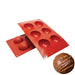 Red 6-cavity hemisphere silicone baking mold by NY Cake® for 2.5 oz cocoa bombs, chocolate spheres, mousse domes, cakes, candy, and frozen desserts