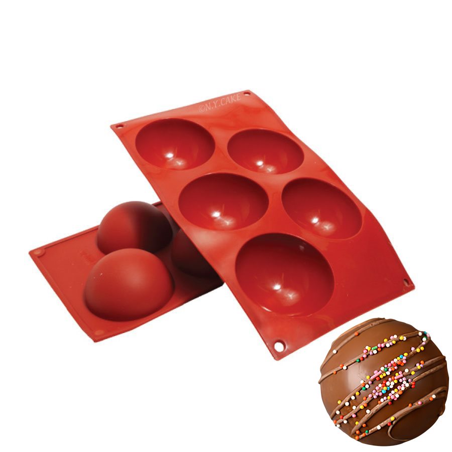 NY Cake® red silicone hemisphere baking mold with 5 cavities, 4 oz capacity for hot cocoa bombs, mousse cakes and chocolate spheres