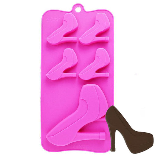 Pink 5-cavity high heel shoe silicone chocolate mold for making chocolates, candies and cake decorations.