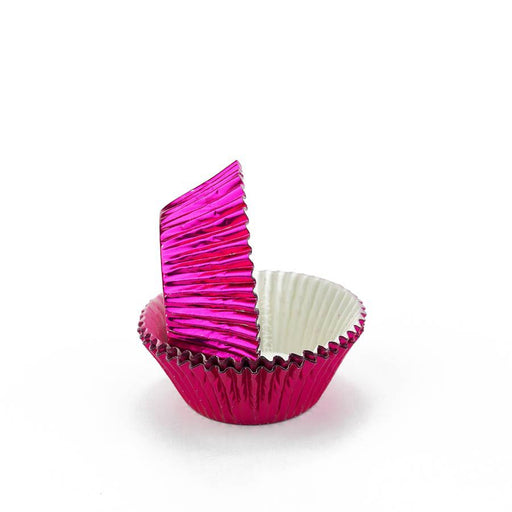 Hot pink foil greaseproof mini cupcake baking cup liners for cupcakes, candies, chocolates, and bite-sized desserts.