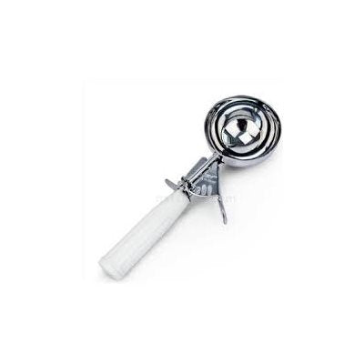 Stainless steel ice cream and cookie dough scoop with easy-release handle for portioning dough, batter, mashed potatoes, and ice cream consistently.