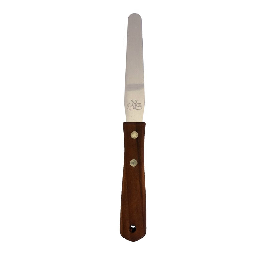 4 inch straight icing spatula with wooden handle and stainless steel blade by NY Cake for cake decorating and buttercream frosting.