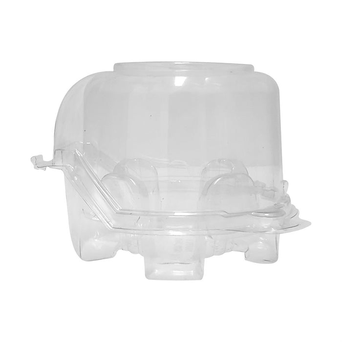 Clear individual cupcake and muffin dome container with hinged lid made from PET plastic for bakery packaging, retail display, and transport