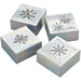 Set of four iridescent snowflake treat boxes for packaging holiday cookies, candies, baked goods, and seasonal gifts.