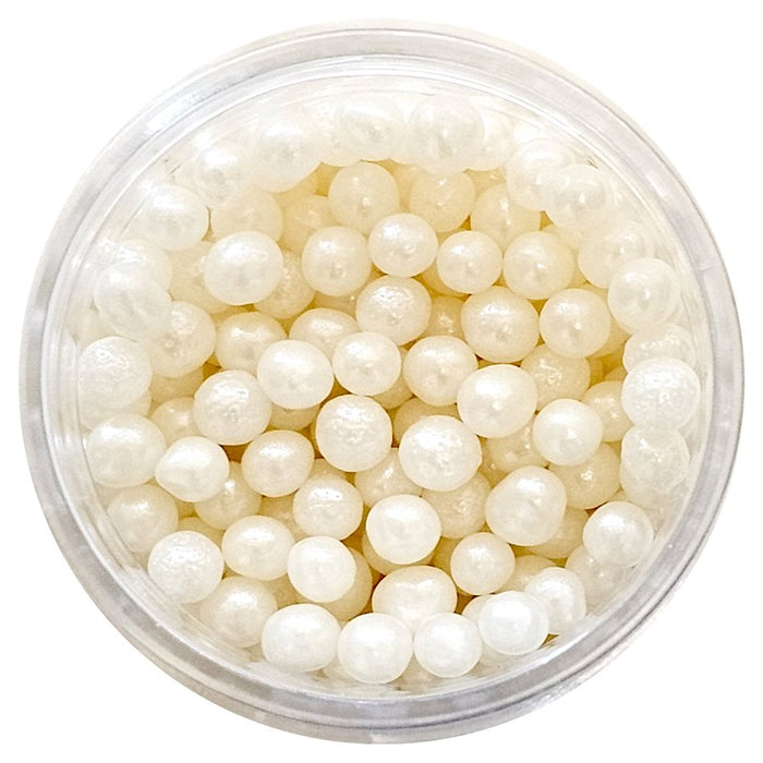 Pearlized ivory edible sugar pearls in 4mm and 6mm sizes for decorating wedding cakes, cupcakes, cookies, cake pops, and special occasion desserts.