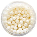 Pearlized ivory edible sugar pearls in 4mm and 6mm sizes for decorating wedding cakes, cupcakes, cookies, cake pops, and special occasion desserts.