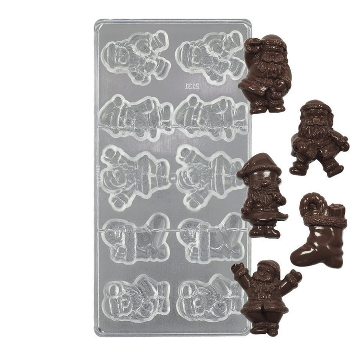 10-cavity Jolly Santa polycarbonate chocolate mold with assorted Santa designs for making Christmas chocolates and holiday candies.