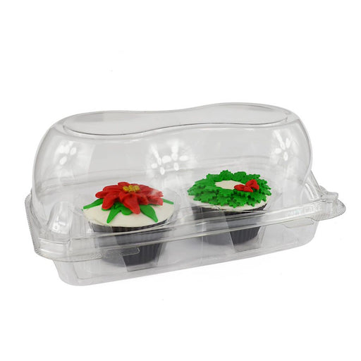 Clear hinged plastic container holding 2 jumbo cupcakes with secure snap-lock lid for bakery packaging