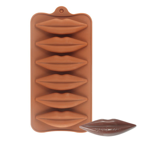 Brown silicone mold with six realistic lips-shaped cavities for making chocolates, candies, fondant decorations, and Valentine's Day treats.
