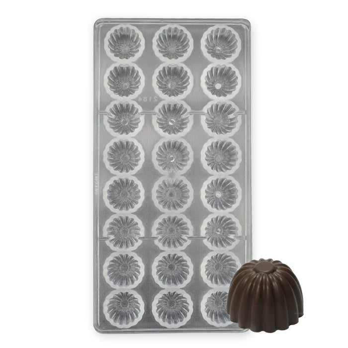 20-cavity Kugelhopf polycarbonate chocolate mold with fluted cavities for making professional molded chocolates and candies.