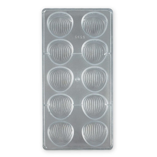 Polycarbonate chocolate mold with 10 large almond-shaped cavities for creating glossy molded chocolates, bonbons, truffles, and artisan confectionery treats.