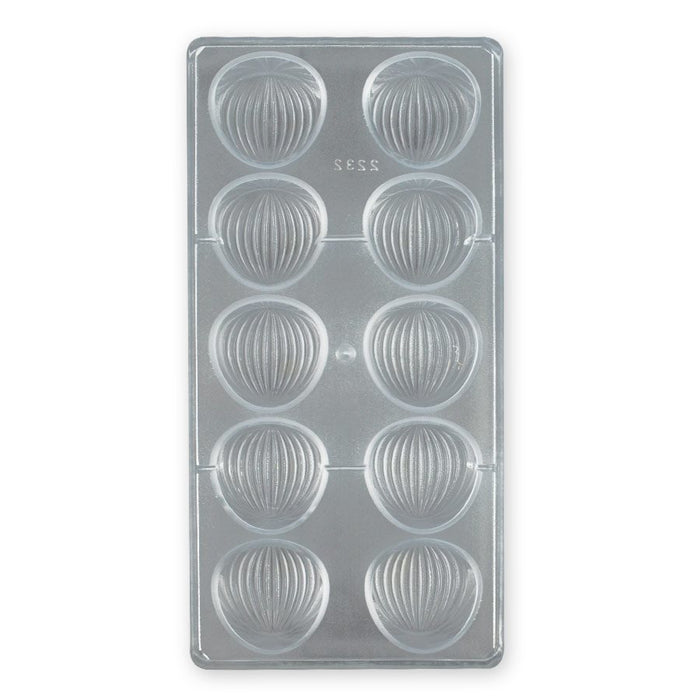 Polycarbonate chocolate mold with 10 large almond-shaped cavities for creating glossy molded chocolates, bonbons, truffles, and artisan confectionery treats.