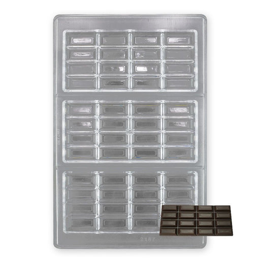 Polycarbonate chocolate mold with 3 large breakaway bar cavities for creating glossy chocolate bars, filled bars, Dubai-style chocolate bars, and artisan confections.