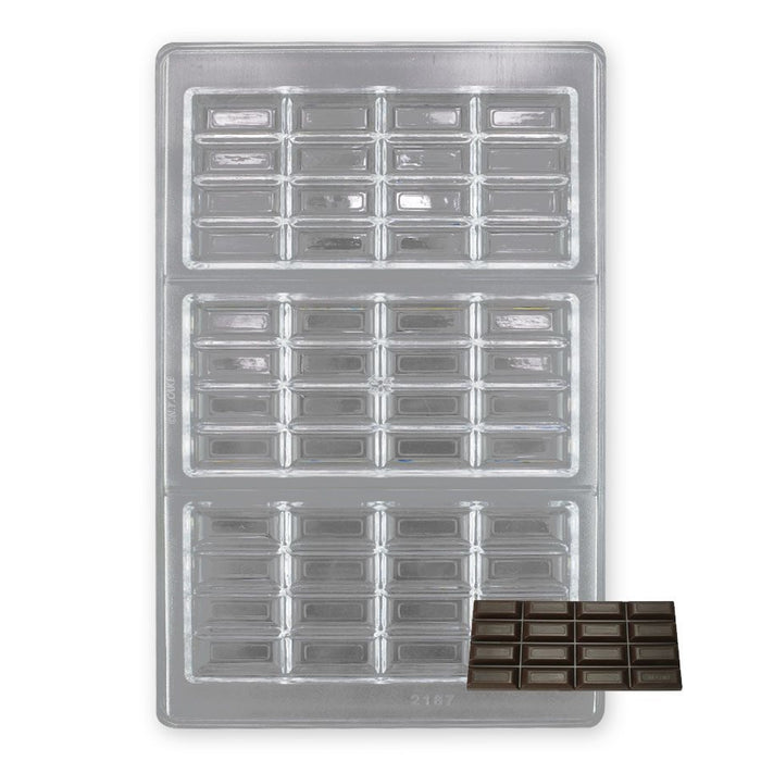 Polycarbonate chocolate mold with 3 large breakaway bar cavities for creating glossy chocolate bars, filled bars, Dubai-style chocolate bars, and artisan confections.