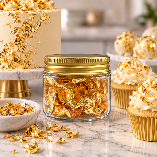 A clear glass jar filled with shiny gold leaf flakes and topped with a gold metal lid, styled on a marble surface with cupcakes, a decorated cake, and scattered gold leaf pieces.