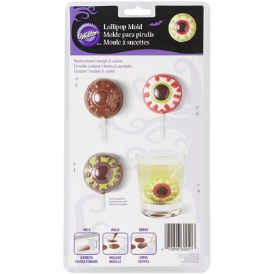 Wilton large eyeball chocolate lollipop candy mold packaging showing colorful Halloween eyeball lollipops