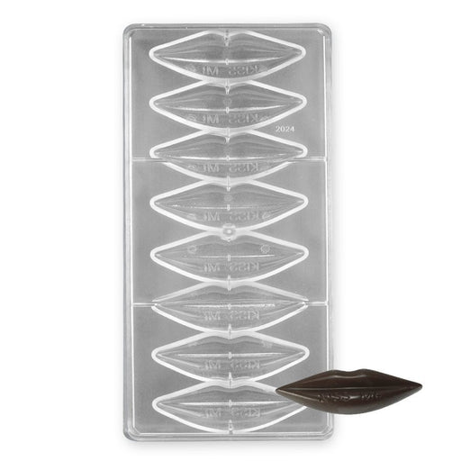 Polycarbonate chocolate mold with 8 large lip-shaped cavities for creating glossy molded chocolates, Valentine's treats, party favors, and novelty chocolate decorations.