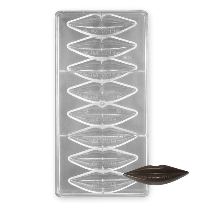 Polycarbonate chocolate mold with 8 large lip-shaped cavities for creating glossy molded chocolates, Valentine's treats, party favors, and novelty chocolate decorations.