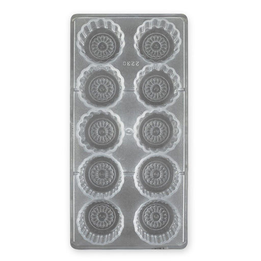 Polycarbonate chocolate mold with 10 large round flower-shaped cavities for creating glossy molded chocolates, bonbons, truffles, and decorative floral treats.