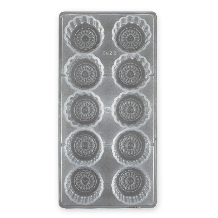 Polycarbonate chocolate mold with 10 large round flower-shaped cavities for creating glossy molded chocolates, bonbons, truffles, and decorative floral treats.