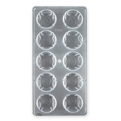 Polycarbonate chocolate mold with 10 large round cavities for creating glossy molded chocolates, hot chocolate bombs, bonbons, and truffles.