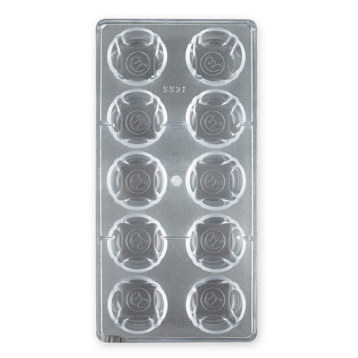 Polycarbonate chocolate mold with 10 large round cavities for creating glossy molded chocolates, hot chocolate bombs, bonbons, and truffles.