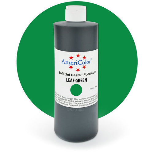 AmeriColor Leaf Green Soft Gel Paste food coloring 13.5 oz bottle for decorating cakes, cookies, fondant, buttercream, and royal icing.