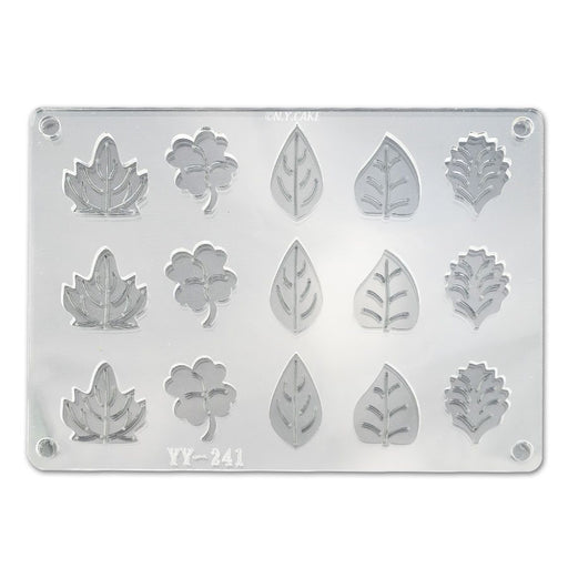 Autumn leaves 2-piece acrylic chocolate mold with 15 assorted leaf cavities for creating detailed chocolate, fondant, marzipan, and seasonal confectionery decorations.
