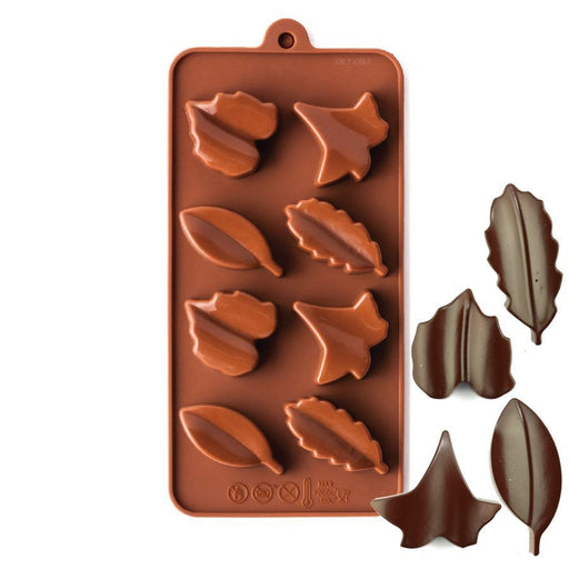 8-cavity silicone chocolate mold featuring assorted detailed leaf shapes for chocolates, candy, and fall dessert decorations.