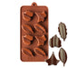 8-cavity silicone chocolate mold featuring assorted detailed leaf shapes for chocolates, candy, and fall dessert decorations.