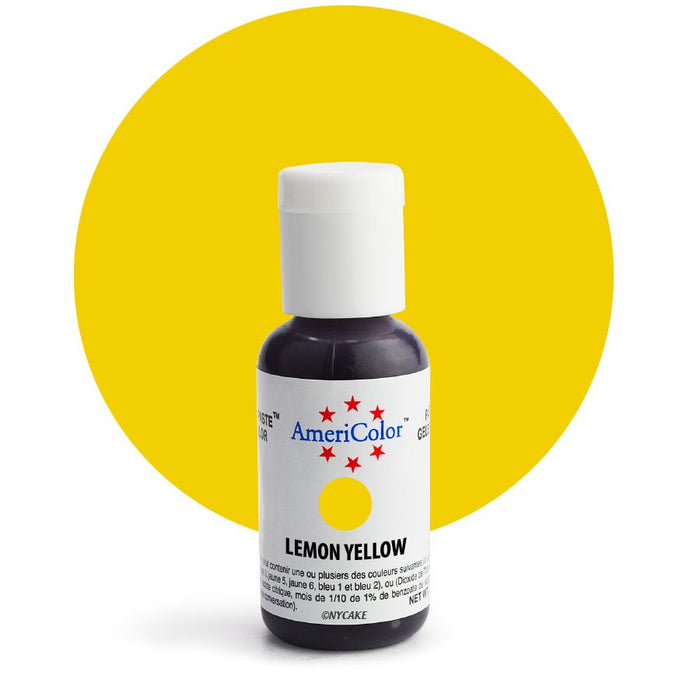 AmeriColor Lemon Yellow Soft Gel Paste food coloring 0.75 oz bottle for decorating cakes, cookies, fondant, buttercream, and royal icing.