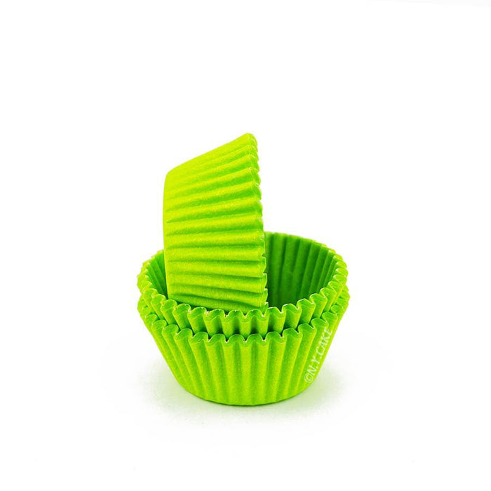Lime green greaseproof mini cupcake baking cup liners for cupcakes, candies, chocolates, and bite-sized desserts.
